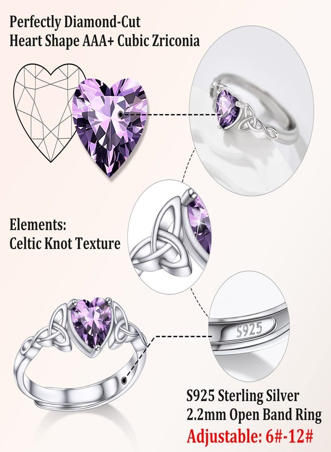 Bestyle Birthstone Celtic Heart Ring for Women, 925 Sterling Silver Adjustable Claddagh Rings, Amethyst Irish Wedding Band Promise Engagement Ring Jewelry Gift (Feb Celtic) - Image 4